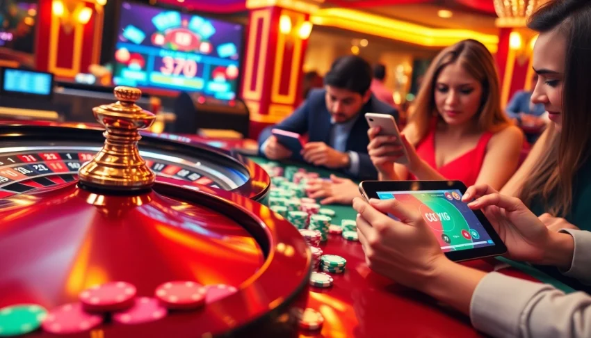 Players engaged with the Bdg game in a vibrant casino setting, surrounded by roulette wheels and poker chips.